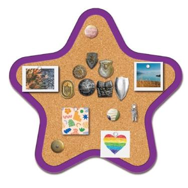 Imagem de CRASPIRE Crachá emoldurado de quadro de cortiça com pino de estrela, 26 x 24 cm, quadro de cortiça decorativo de madeira, roxo, montado na parede, broche de memória, porta-lapela, armazenamento para