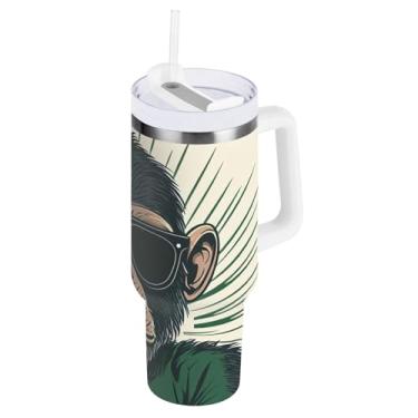 Imagem de Copo grande engraçado de macaco com isolamento duplo com tampa e copo de viagem isolado com canudo