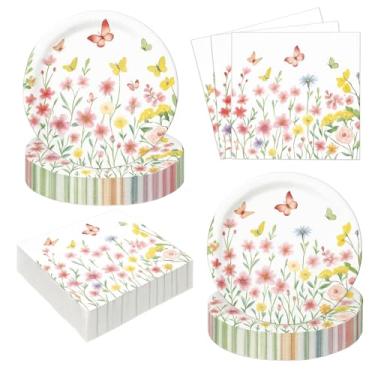 Imagem de Qinyoung 100 peças de pratos e guardanapos de flores silvestres suprimentos de festa descartáveis pratos de papel floral guardanapos flores silvestres decorações de chá de bebê utensílios de mesa para