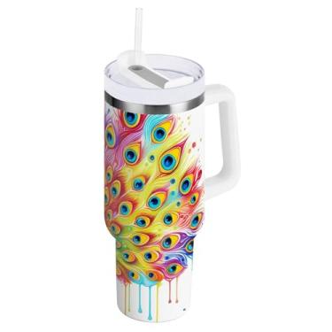 Imagem de ODAWA Copos isolados de penas de pavão coloridas de 1,134 g com alça e palha, copos com isolamento duplo com tampa 2 em 1