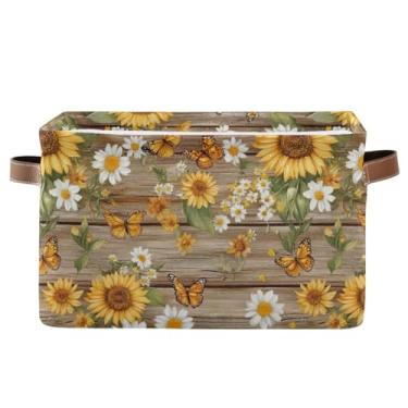 Imagem de Organizador de armário dobrável de tecido – caixa de armazenamento retangular de tecido de lona para banheiro, roupas vintage girassol, margarida, borboleta, 1 pacote
