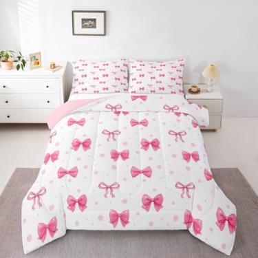 Imagem de Feelyou Conjunto de edredom com laço rosa, tamanho Queen, para crianças, meninos, meninas, fofo, edredom com laço, decoração de quarto, microfibra, 3 peças com 2 fronhas