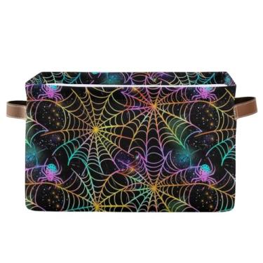 Imagem de Caixote de armazenamento de 36 cm com alças – caixas de armazenamento decorativas de tecido dobrável para escritório em casa, quarto, teia de aranha neon, Halloween, preto, 1 pacote
