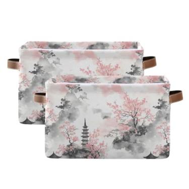 Imagem de Cestos de armazenamento de lona com alças – cestas retangulares dobráveis de tecido de 36 cm x 26 cm para prateleiras, home office, aquarela, pagode rosa, floral, pacote com 2