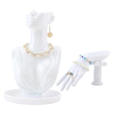 Imagem de FINGERINSPIRE 2 peças de exibição de manequim de joias, 2 estilos, branco, PVC, manequim, colar, brinco, suporte de busto e pulseira de mão, conjunto de exibição de anel para exibição de joias