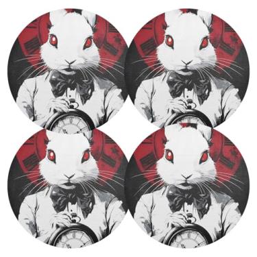 Imagem de Jogo americano branco de coelho de 38 cm durável PVC conjunto de 4 jogos americanos redondos antiderrapantes para mesa