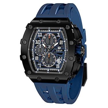 Imagem de Relógio masculino de luxo TSAR BOMBA à prova d'água com movimento de quartzo japonês, caixa de aço inoxidável Tonneau, vidro safira com função de cronógrafo, relógio de presente moderno exclusivo, Azul10, Case thickness 16.8mm,