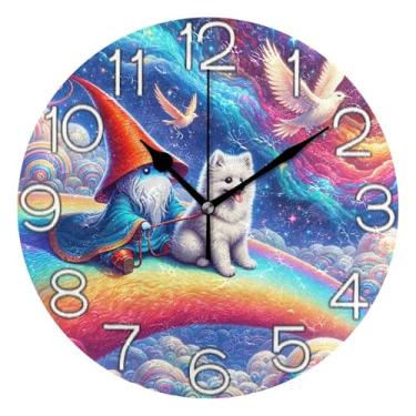Imagem de Relógio de parede analógico decorativo operado por bateria silencioso relógio de cozinha rústico, decoração de parede art déco retrô moderno, cão colorido arco-íris, 25 cm, ponteiros dourados