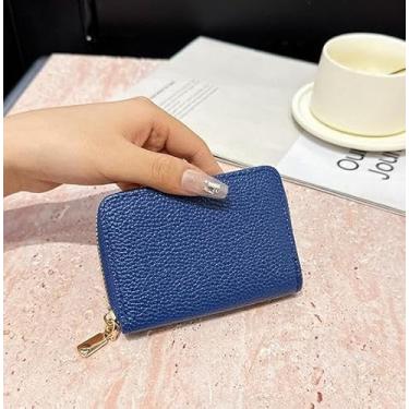 Imagem de Carteira feminina de couro genuíno com dobra dupla/tripla - Suporte minimalista para cartão de crédito com bloqueio de RFID e bolso para moedas, Azul, Casual