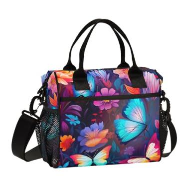 Imagem de GAIGEO Lancheira com isolamento térmico de borboletas coloridas perto de flores com alças, pequenas bolsas térmicas isoladas, lancheira de viagem, P