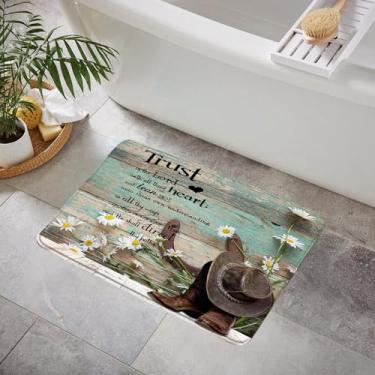 Imagem de YOZSLGU Tapete de banho rústico, ferradura, botas de caubói ocidental, citações inspiradoras, tábua de madeira, margarida, azul-petróleo, floral, primavera, country, espuma de memória, tapete de
