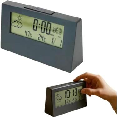 Imagem de Relógio Despertador Digital de Mesa com Display LCD, Temperatura, Umidade e Ícones do Tempo, Preto