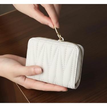 Imagem de Carteira feminina de couro genuíno com dobra dupla/tripla - Suporte minimalista para cartão de crédito com bloqueio de RFID e bolso para moedas, Branco, Casual