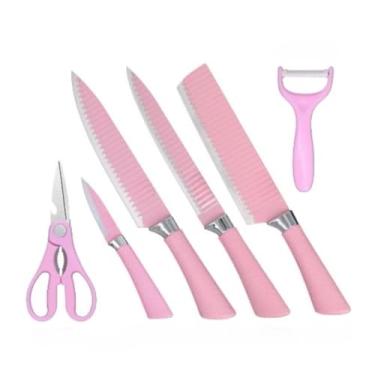 Imagem de Conjunto de Facas de Cozinha Rosa, 6 Peças, Lâminas Serrilhadas em Aço Inox, com Tesoura e Descascador