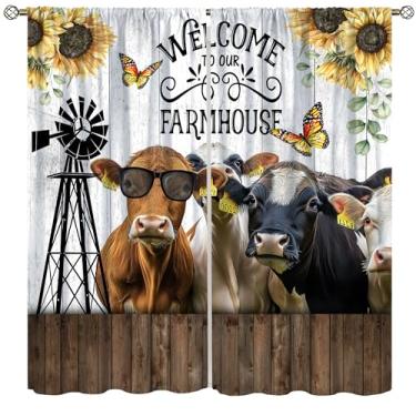 Imagem de Cortinas de cozinha de fazenda, temporada de colheita de outono vintage country ocidental animais de fazenda galo vaca tratamentos de janela cortinas de bolso para varão para sala de estar quarto