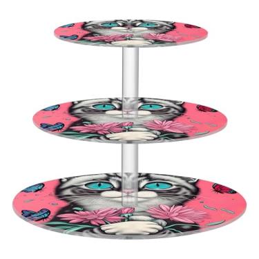 Imagem de Suporte de cupcake para festa de chá, 3 camadas, redondo, fofo, flores, borboletas, copo rosa, torre de bolo, bandejas, aniversário, casamento, para festa, sobremesa, decoração em camadas