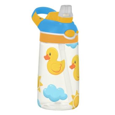 Imagem de Garrafa de água infantil de 473 ml com tampa de palha, garrafa de água esportiva Tritan reutilizável de 473 ml, copo infantil portátil à prova de vazamento, alça de transporte, desenho fofo de patos