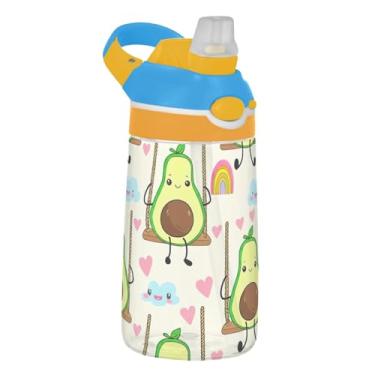 Imagem de Garrafa de água esportiva infantil engraçada com corações de abacates fofos para escola, garrafa de água Tritan de 473 ml com canudo, copo infantil portátil à prova de vazamento, alça de transporte