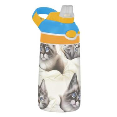 Imagem de Cute Kittens Garrafa de água infantil infantil reutilizável esportiva de 473 ml com tampa de canudo 473 ml Tritan copo infantil portátil à prova de vazamento, alça de transporte