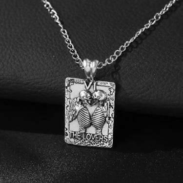 Imagem de 1 colar exclusivo com pingente de caveira geométrica, estilo vintage, metal antigo, adequado para homens e mulheres, casais, uso diário, encontros, danças, festas, festivais de música.