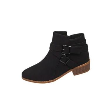Imagem de Botas curtas femininas modernas casuais sólidas pontiagudas com zíper lateral salto grosso salto baixo botas no tornozelo, Preto, 36