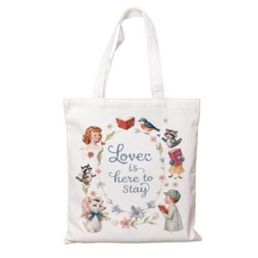 Imagem de Sacola de lona para o dia dos namorados, bolsa de compras de ombro reutilizável, arte vintage com moldura "Love Is Here To Stay", presente de lona branca para ela, bolsas para livros de compras de