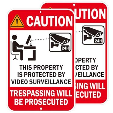 Imagem de Sinais de aviso de vigilância por vídeo, alumínio vermelho, 45 x 30 cm, monitoramento de câmera de segurança 24H, invasão de propriedade, pacote com 2