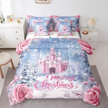 Imagem de Erosebridal Conjunto de edredom solteiro para crianças, castelo de feliz Natal, rosa, aquarela rosa, 7 peças, árvore de Natal, inverno, flocos de neve, prata, conjunto de cama para meninas e mulheres