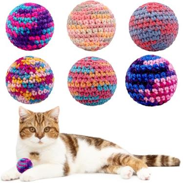 Imagem de Ushang Pet Bolas de brinquedos para gatos, 6 peças coloridas de fio de lã para ambientes internos com sino interno, brinquedos interativos para gatinhos, bolas de mastigar para gatos tricotadas à mão