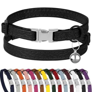 Imagem de Coleira de couro para gatos com fivela e sino removível - Coleiras de segurança macias e ajustáveis para animais de estimação pequenos para meninas, meninos, gatos, gatinhos (preto)