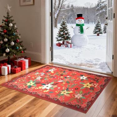 Imagem de GarveeHome Capacho floral de Natal 5,5 x 7,5 cm – Lavável na máquina, antiderrapante, tapete de Natal macio, com pelo baixo, floral vermelho para entrada, porta da frente, cozinha, banheiro, quarto e