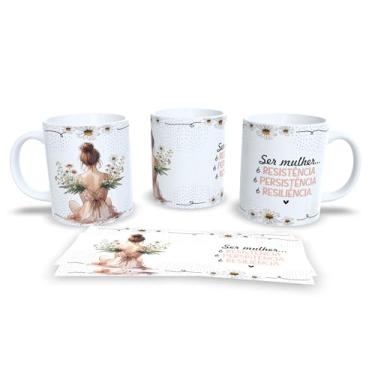 Imagem de Caneca de Cerâmica 325ml Dia da Mulher, Colorida, com Ilustração Floral e Frase Motivacional (17838)