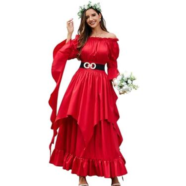 Imagem de KWSTAIN Vestido Renascentista feminino outono vermelho gola redonda babados renascentista maxi Natal vestido de fantasia 2025 Halloween moderno (Vinho, G/GG)