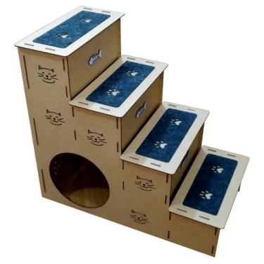 Imagem de Escada PET MDF 4 degraus com carpete e toca para gato 60cm - IMGROPPO