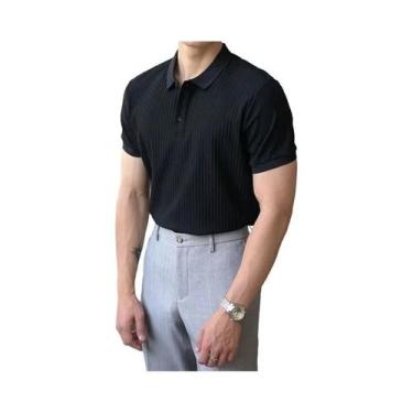 Imagem de Camisa Polo Masculina Slim Fit De Cor Sólida Com Listras Verticais, Re