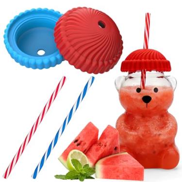 Imagem de Mity rain Canudo e tampa para copo de urso Starbucks, copo de urso de vidro, acessórios reutilizáveis, decorações fofas, tampas de silicone coloridas projetadas esteticamente (vermelho e azul)