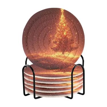 Imagem de Blueangle 6 peças de porta-copos de árvore de Natal estrelas brilhantes para bebidas, porta-copos de tecido redondo super absorvente para mesa de café, proteção de mesa para decoração de casa (539)
