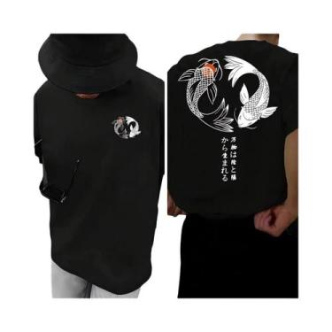 Imagem de Camiseta Masculina Casual De Verão Em Algodão Com Estampa Koi Harajuku