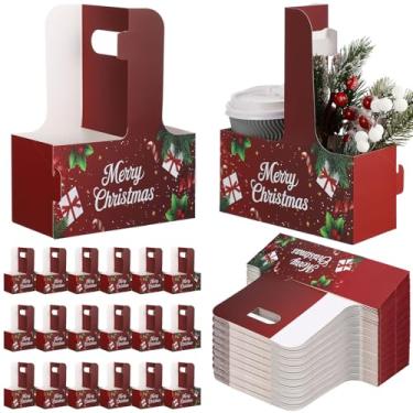 Imagem de Fiwochic 24 peças de sacos de presente de papel de Natal com alça 2 xícaras, suporte de copo de café de papel kraft, caixas de presente florais de papelão de Natal dobráveis para bebidas quentes e