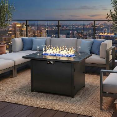 Imagem de FansaFurn Mesa de fogueira de propano de 109 cm, mesa de fogueira a gás de 50.000 BTU com tampa removível e pedra vulcânica, mesa retangular com capa, ideal para jantar ou festa no pátio, jardim