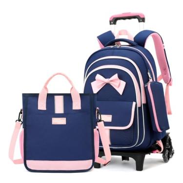 Imagem de MITOWERMI Mochila com rodinhas para meninas, escola primária, mochila com laço com rodas, mochilas para meninas com bolsa de mão, Estilo C - 3 peças azul-escuro - 6 rodas, L 32 W 24 H 44 cm, 33.79