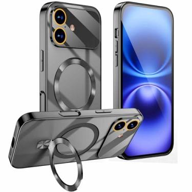 Imagem de HUHUCASE Capa de celular para iPhone 13/14/15/16/17 Pro Max, com suporte magnético para janela grande e proteção antiqueda de vidro temperado (iPhone13, preto)