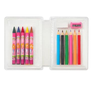 Imagem de Estojo Infantil Escolar Glam Girl, Kit Artístico 18 Peças, Material Plástico, Colorido, com Lápis de Cor, Giz de Cera, Desenhos para Colorir