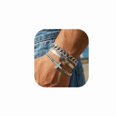 Imagem de QINJIEJIE Pulseira masculina de aço inoxidável para homens, corrente cruzada, conjunto de pulseiras de elos cubanos, joias cruzadas, presentes religiosos cristãos para homens, presentes de Dia dos