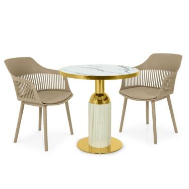 Imagem de Conjunto Mesa De Jantar Redonda Imperial 70cm Branca Com 2 Cadeiras Estofadas Marcela - Nude Escuro