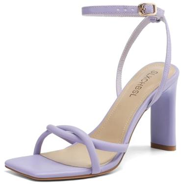 Imagem de SLXCHBSL Sandálias femininas quadradas de bico aberto com tiras para mulheres, elegantes e grossas, salto alto, fivela no tornozelo, sandálias de salto para mulheres, sapatos confortáveis de casamento