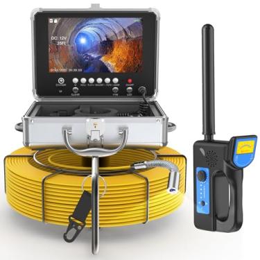 Imagem de anysun Câmera de esgoto autonivelante com localizador, contador de distância, cabo de 7 mm e 45 metros, monitor IPS de 9 polegadas, câmera de inspeção de tubos à prova d'água IP68, câmera de