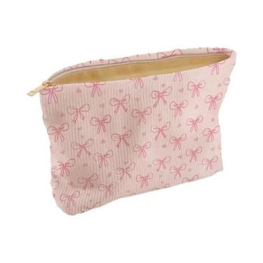 Imagem de Bolsa De Cosméticos Rosa De Veludo Cotelê Com Laço, Leve E Portátil, O