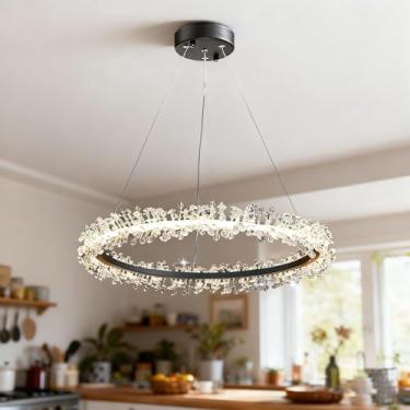 Imagem de Dfxinyuan Lustre de anel de cristal LED de 61 cm, lustre preto moderno regulável para sala de jantar com altura ajustável para sala de estar, quarto, cozinha, ilha