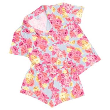 Imagem de Bella Sleep + Spa Pijama feminino loungewear 2 peças manga curta macio bambu viscose shorts/camisa conjunto de dormir, pequeno, rosa floral